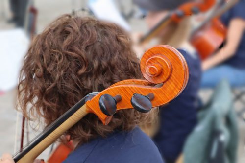Dame mit Cello, Probe des Orchesters Saitenwind.
